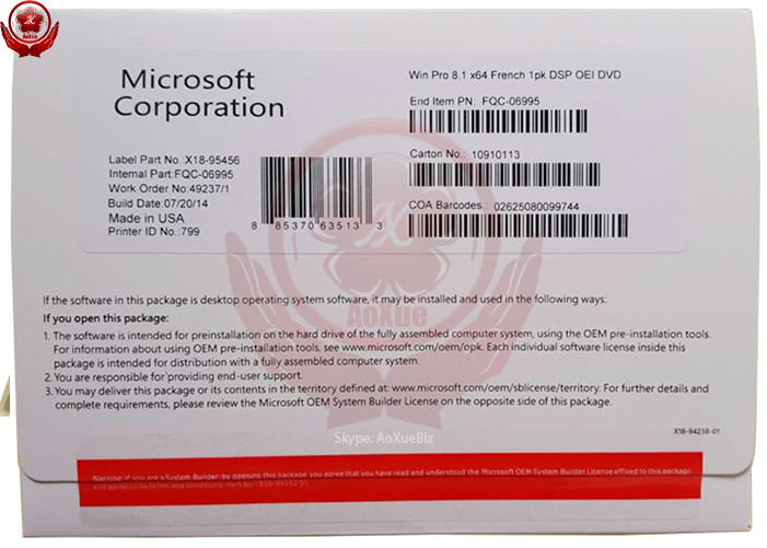 China Original 32/64 bit Windows 8.1 Pro OEM one DVD & Key Code License factory