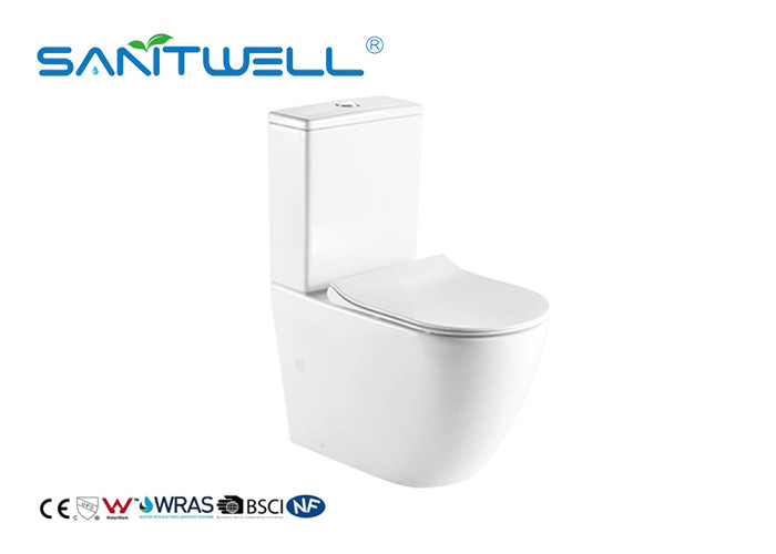China Rimless Close Coupled Toilet Ceramic Material Two Piece Structure With Soft Surface factory