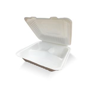 China 8x8 3 compartment bagasse pulp hinged delivery container box factory