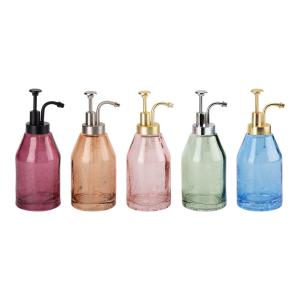 China Round Glass Bath Soap Dispenser Crackle Pattern Shower Gel Dispensers With Apothecary Pump Head factory
