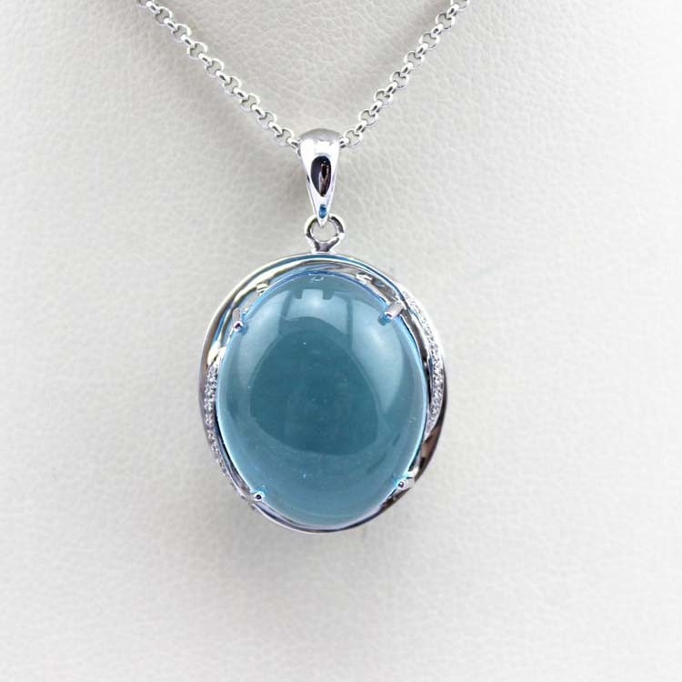 Women Fashion Oval Dome Blue Topaz Cubic Zircon Pendant 925 Silver Chain Necklace (PSJ0187)