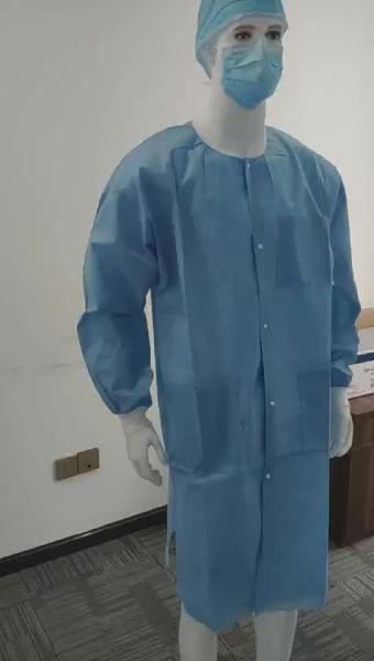 SMS Disposable Lab Coat Nonwoven Three Layers Knitted Collar and Cuffs Snap on
