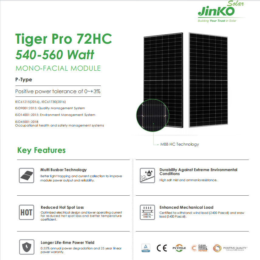 72HC JinKo PV Modules 540W 545W 550W 555W 560W Tiger Pro Solar Panels