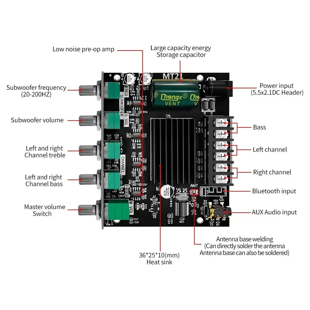 ZK-MT21 HiFi Digital Power Amplifier Board 100W+2*50W 2.1 Channel Subwoofer AUX 12/24V Audio Stereo 5.0 Amp ZK-MT21