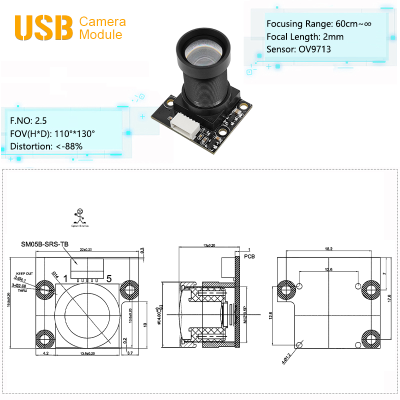 High-Definition Industrial Omnivision OV9712 CMOS Sensor USB2.0 Camera Module
