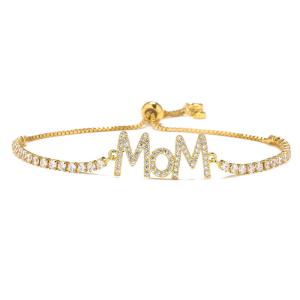 China 18k Gold Plated Diamond Custom Letter Mothers Day Bracelet Adjustable Beaded Tennis Chain factory