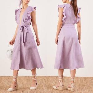 China Clothing Fashion Women Ruffle Shoulder Midi Linen Dress Ladies factory