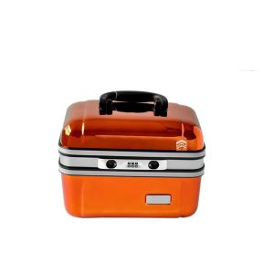 China Mini Hard Shell Cosmetic Case with Built-in Mirror Password Lock Glossy Orange Holographic Lady Style Travel Organizer factory