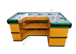 China Anti - Rust Metal Cash Register Checkout Counter / Yellow Curved Reception Desk factory