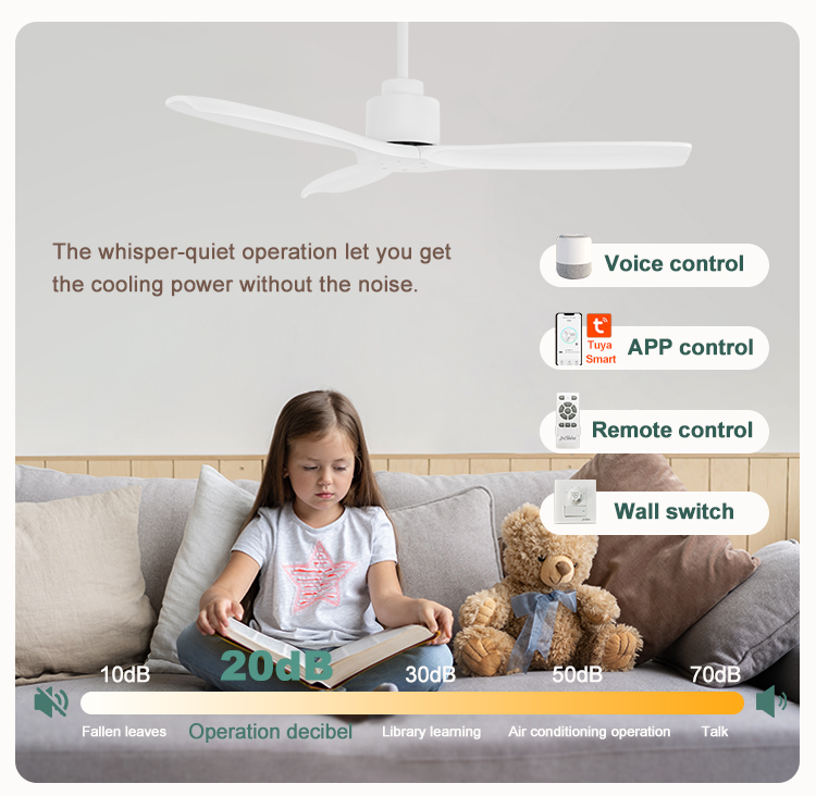 52 Inch White Solid Wood Blades DC Motor LED Ceiling Fan Not Equipped NO App-Controlled