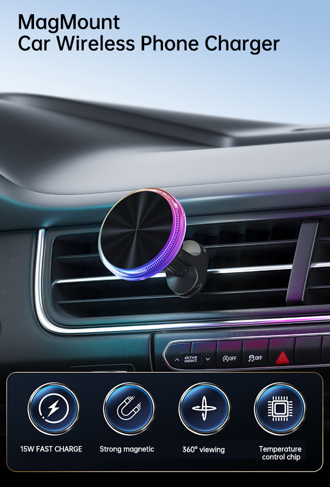 Iphone Wireless Charger Crystal Ambient Light Design Magnetic Stable Car Charging Fast One Hand Operation