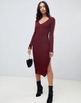 OEM new arrival tight woman midi dress with v-neck in rib knit