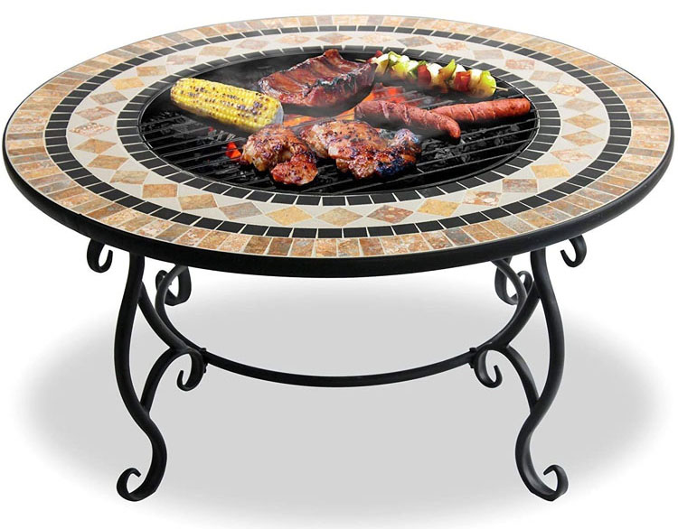 Multi-functional Mosaic Fire Pit for Bonfire Camping and Charcoal BBQ Grill Table