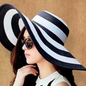 China Lady Stripe Large Wide Brim Straw Hat Summer Beach Floppy Sun Cruise Hat factory