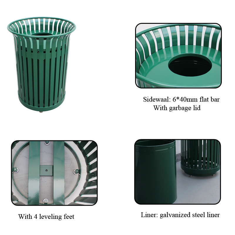 Powder Coating Metallic Outdoor Trash Cans With Lid 978Mm Height