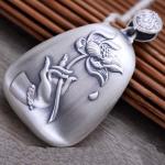Women Engraved Sutra Flower Sterling Silver Drop Pendant Necklace Buddhist