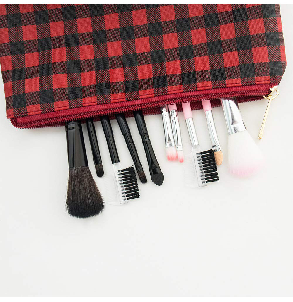 3pcs Red Black Plaid Polyester Cosmetic Bag For Travel