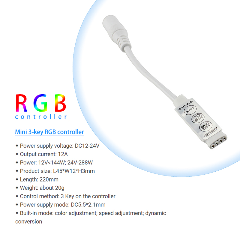 288W 3 Key LED Controller , RGB LED Controller 12V For 5050 RGB Strip Light