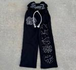 Vintage Acid Wash Distressed Rhinestone Double Waist Flared Baggy Sweatpants 100