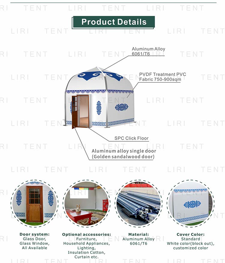 Luxury Portable Mongolian Yurt Ger Home Glamping Tents 6M Clear Span