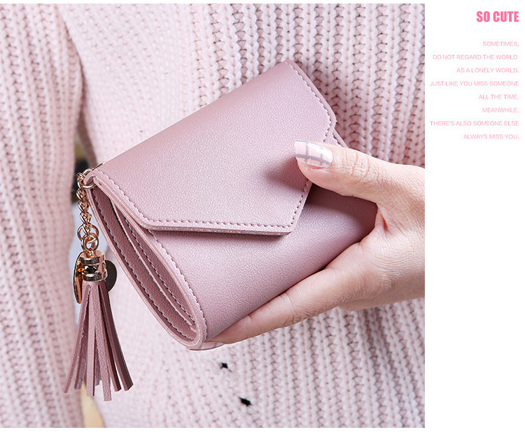 Japanese Korean Cute Little Fresh Tassels Mini Student Lady Short Wallet With Open Closure