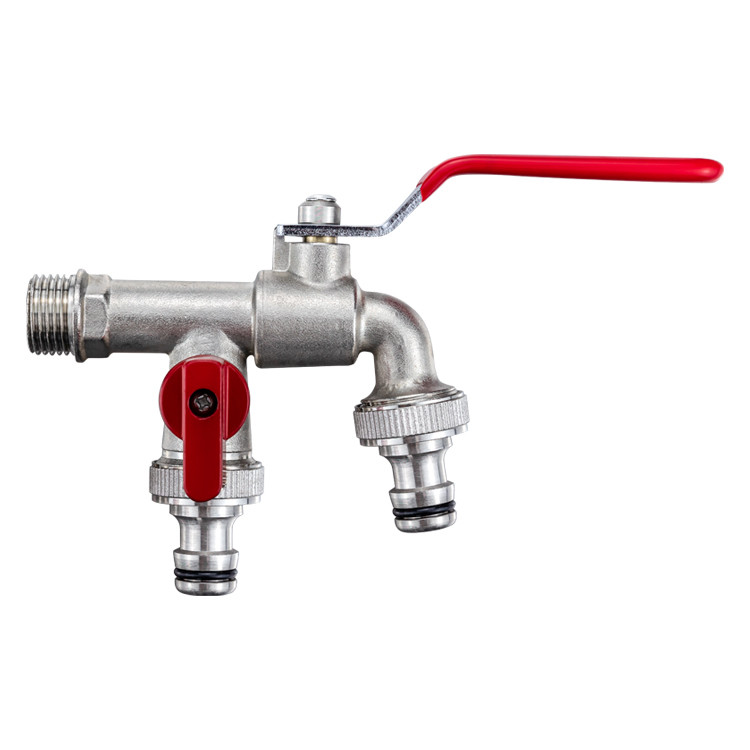 Wall Mounted Double Tap 3 Way Two Individually Lockable Outlet Garden Hose Connectors Brass Bibcock