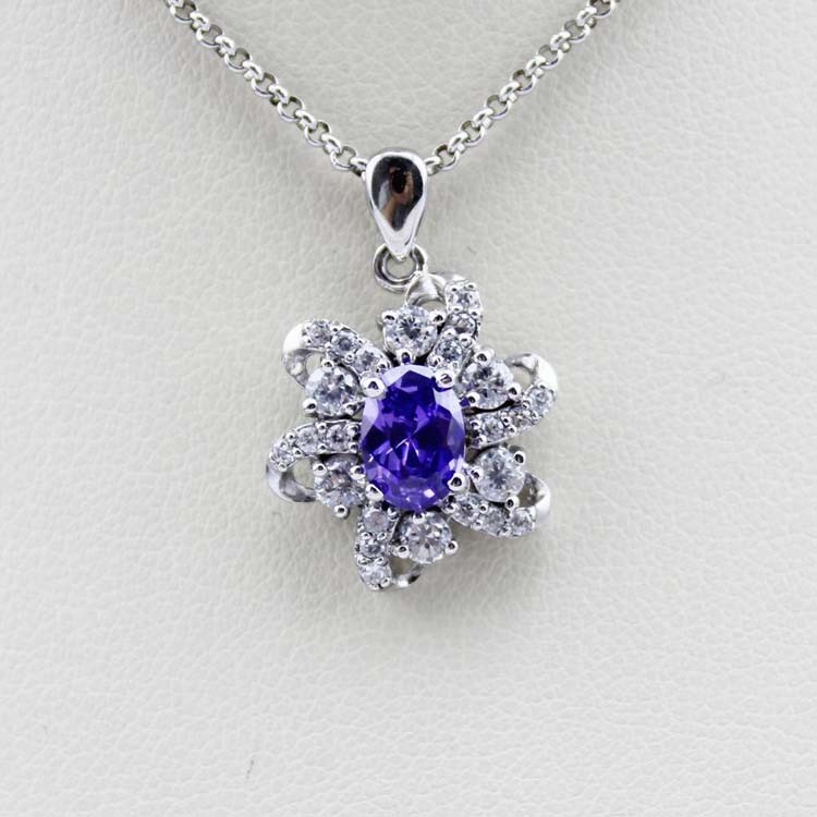 Sterling Silver Cable Chain Oval Green Cubic Zircon Pendant Necklce (P10)