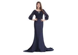 China Dark Blue Forging Fabric Chiffon Bridesmaid Dresses Fully Lined Lace Up Back factory