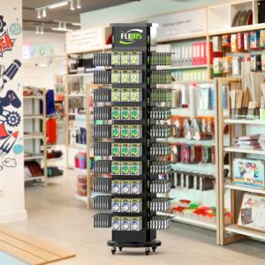 Custom 4-Sided Metal Display Rotating Pegboard Stand Rack with Wheels and Hooks