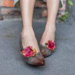 S381 Spring New Flowers Handmade Leather Single Shoes Pointed Toe Retro Thick