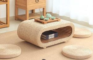 China The Cane Makes Up Tea Table Natural Straw Woven Floor Table Natural fiber Window Table factory