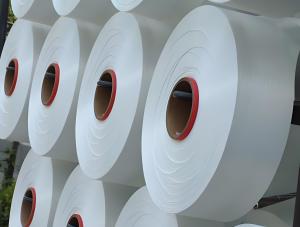 China Recycle GRS Polyester Yarn 50D/24F Raw White Semi Dull Round Type factory