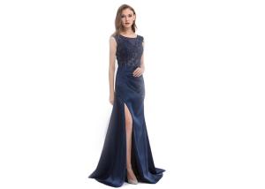 China Split Luxury Dark Blue Arabic Evening Dresses Women Forging And Lace Fabric factory