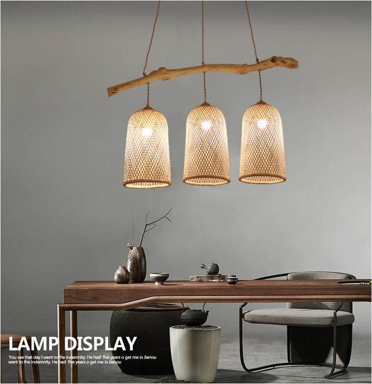 Three Heads Rattan Pendant Light , Restaurant Bamboo Woven Lamp 3500K