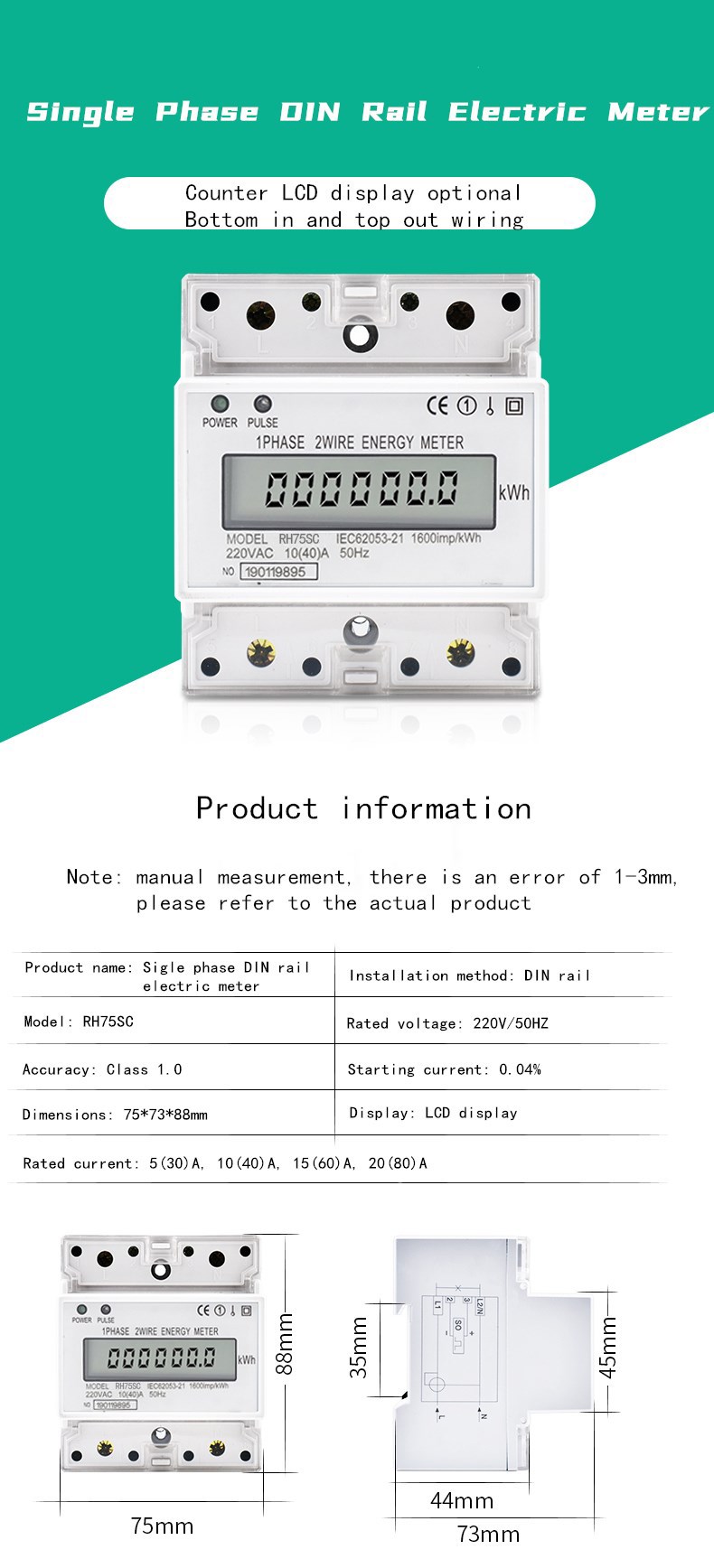 CN35SC AC 4P Single Phase DIN Rail 220VAC 10(40)A 50HZ Watt Two Wire Active Energy meter