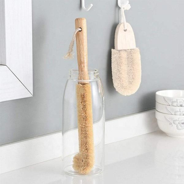 Elbow Design Bamboo Kitchen Brush Long Handle Coconut Glass Bottle Cleaning