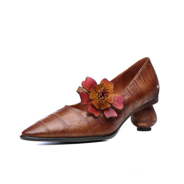 S306 Flower Leather Handmade Pointed Toe Fashion High Heels 2020 Ethnic Style