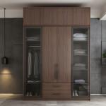 Custom Modern Freestanding Wardrobe with Self Close Drawers Brown Wooden Glass