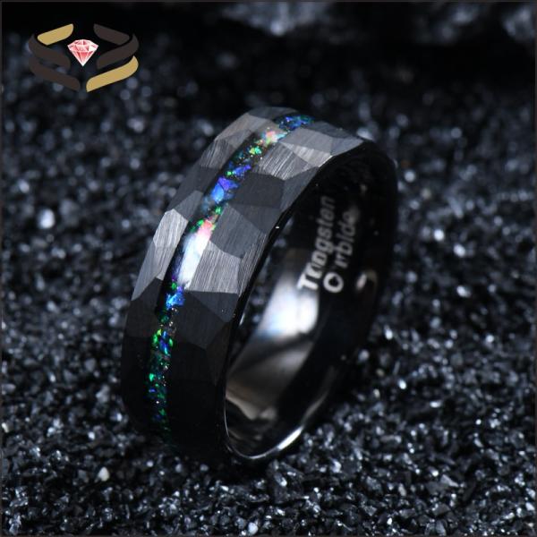 Men Faceted Black Tungsten Wedding Rings 8mm with Pearl Type Inlay Galaxy Opal Inlay