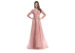 Pink V Neck Arabic Evening Gowns , A - Line Long Sleeve Arabic Party Dress