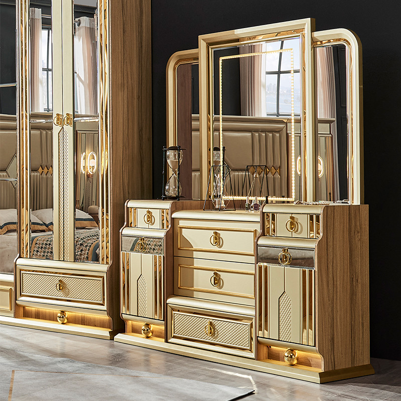 Wooden Modern Gold King Size Bed Double Master Room Villa Home Royal Full Queen Wood Luxury Bedroom Furniture Set
