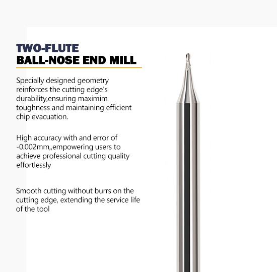 2-Flute Tungsten Carbide Ball End Mill with nACo4 Coating and Micro Diameter for 60° Angles in CNC Milling