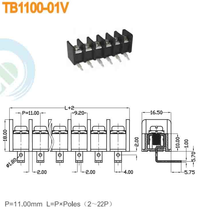 Pitch 13.00mm 300V 30A 2-22P Barrier Terminal Block 10-18AWG Power Terminal Block