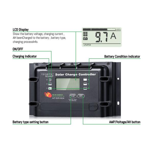12V/24V Compatible IP22 Rated Digital Solar Charge Controller with 2 Years