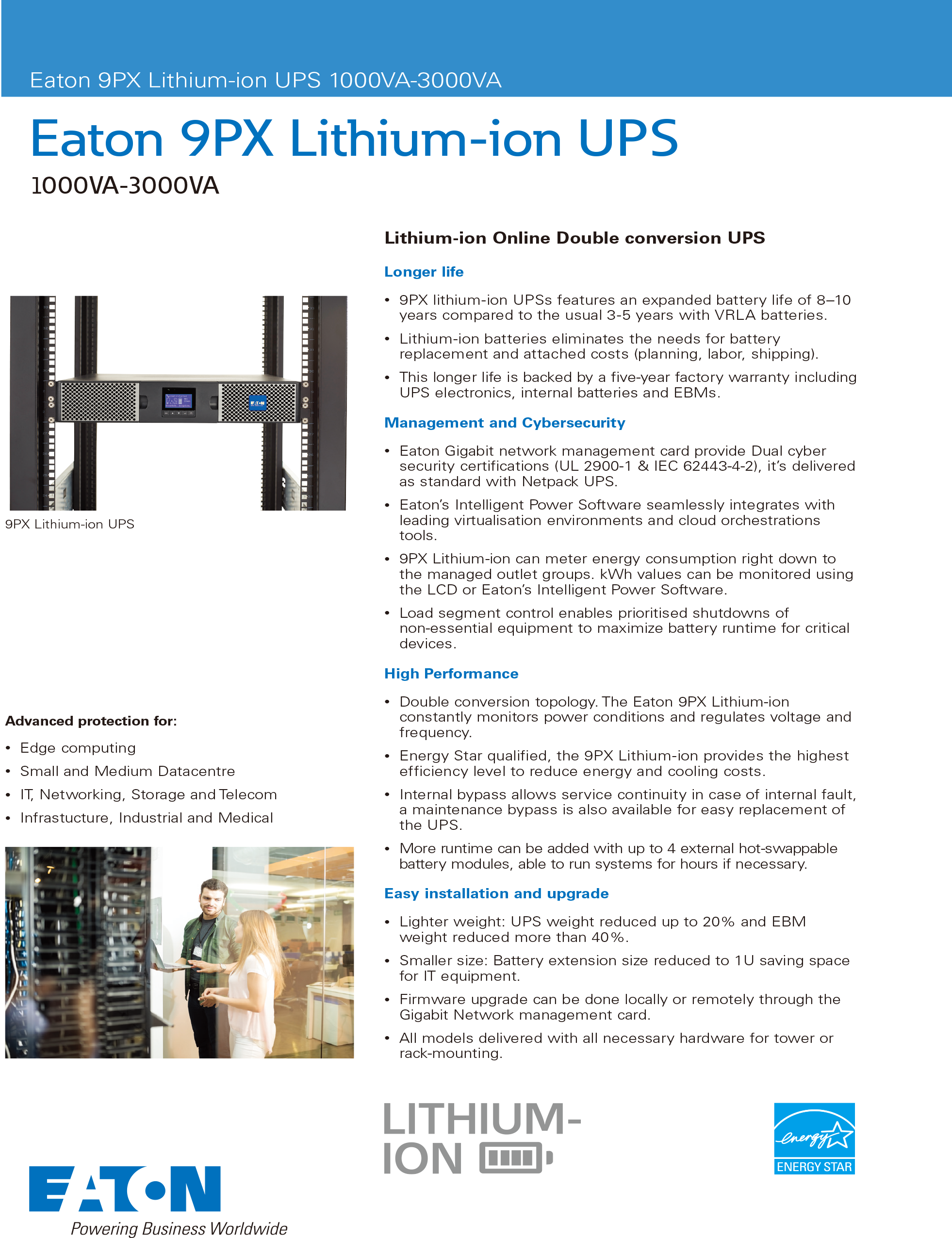 Eaton 9PX Lithium-ion UPS 1000W 1500W Lithium battery power supply system