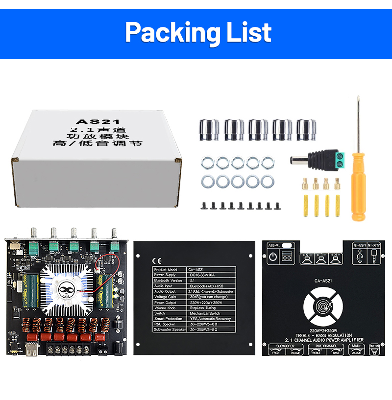 ZK-AS21 2.1 Channel Digital Power Amplifier Board Module 220W*2+350W High Low Tone Subwoofer TPA3255 BT Home Audio AS21