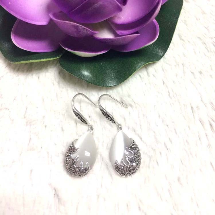Vintage Sterling Silver with Opal Marcasite Dangle Drop Earrings(E12033WHITE)