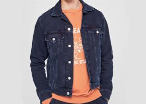 China Mid Wash Denim Mens Button Through Jacket Trucker Seams Bleaching Indigo Long Sleeve factory