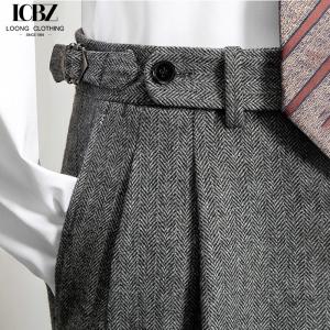 China Customizable Logo Men's Gray Tweed Herringbone Wool Trousers for Business and Casual Wear factory