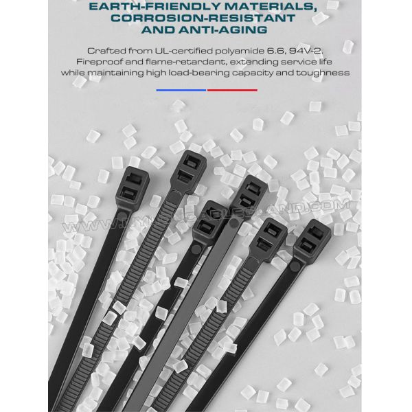 Double-Head Plastic (Nylon 6.6 / PA 6.6) Cable Tie 300x4.8mm, Double-Loop Type, 50 Lbs, UL94 V-2, Versatile Use